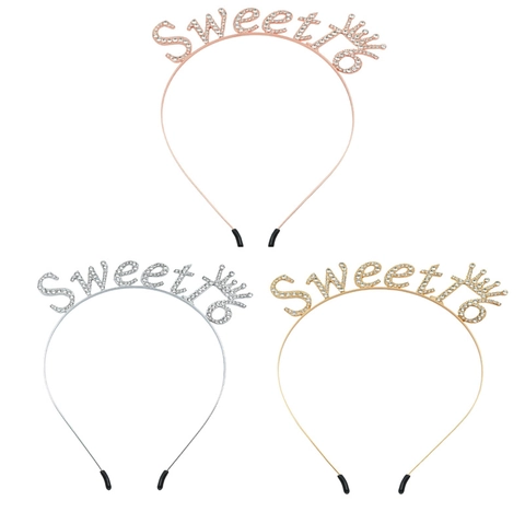Serre-tête Anniversaire Sweet 16 Couronne Strass Lettres Tiara Alliage Accessoires Cheveux pour Filles Fête Or Argent Or Rose