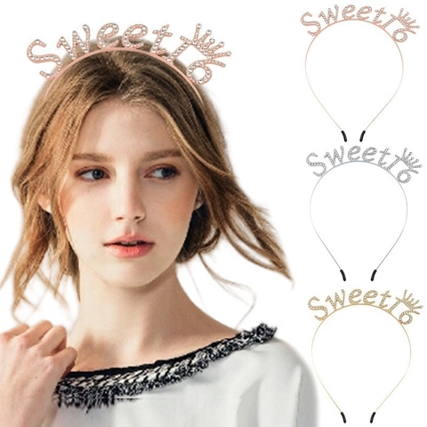 Serre-tête Anniversaire Sweet 16 Couronne Strass Lettres Tiara Alliage Accessoires Cheveux pour Filles Fête Or Argent Or Rose