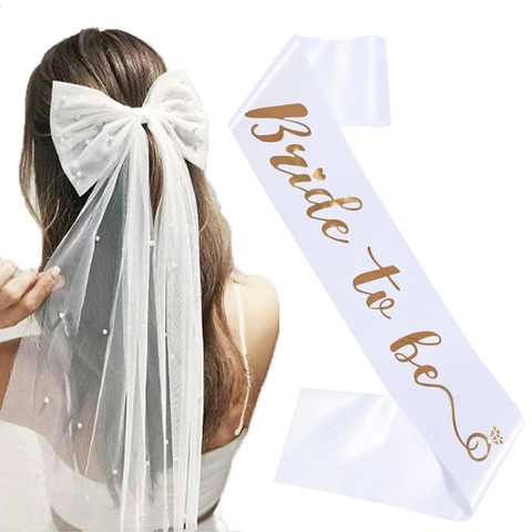 Ensemble Écharpe Bride To Be En Satin Blanc Et Pince à Cheveux Nœud En Maille Avec Künstliche Perles Pour Fête De Mariage Femme