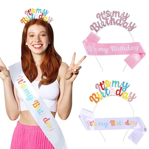 Its My Birthday Letters Alloy Headband And Satin Sash Celebration Accessory For Women Girls Rainbow Pink White