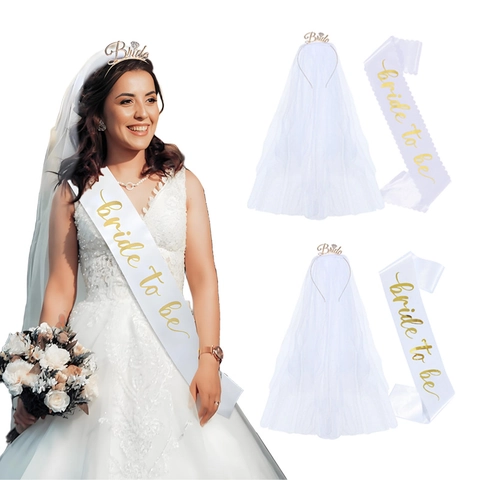Ensemble Écharpe Bride To Be Serre-Tête Voile en Maille Ruban de Satin Diadème en Alliage de Zinc Accessoire Décoration Mariage