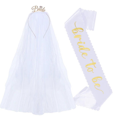 Ensemble Écharpe Bride To Be Serre-Tête Voile en Maille Ruban de Satin Diadème en Alliage de Zinc Accessoire Décoration Mariage