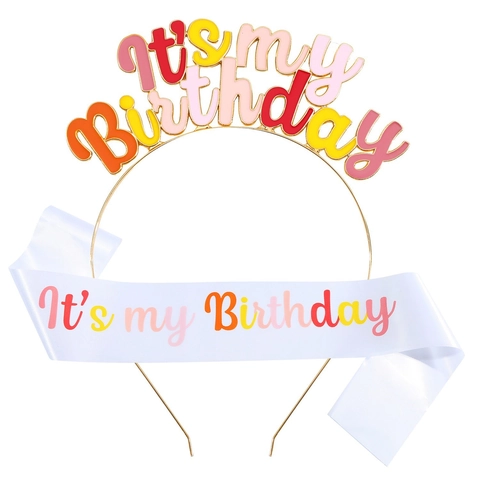 Its My Birthday Letters Alloy Headband And Satin Sash Celebration Accessory For Women Girls Rainbow Pink White