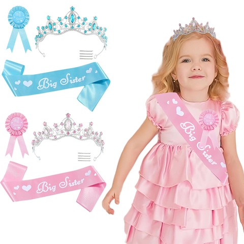 Big Sister Party Zubehör Set Satin Schärpe Strass Legierung Krone Abzeichen Für Geburtstagsfeier Mädchen Rosa Blau