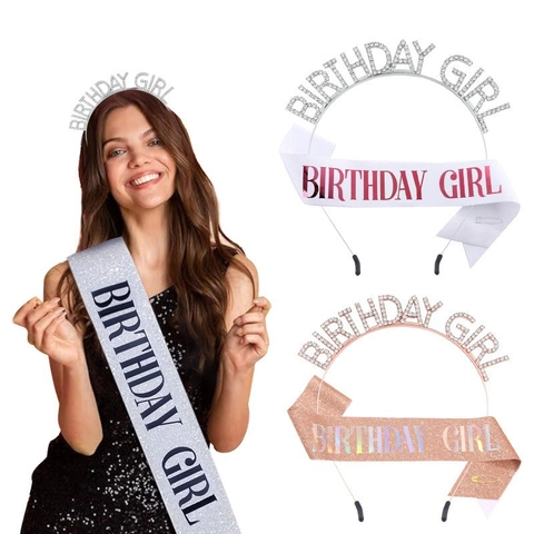 Set Cerchietto E Fascia Birthday Girl Tiara In Lega Con Strass Fascia Compleanno Glitterata Per Donna Decorazioni Per Feste Di Compleanno Accessorio Gioielli