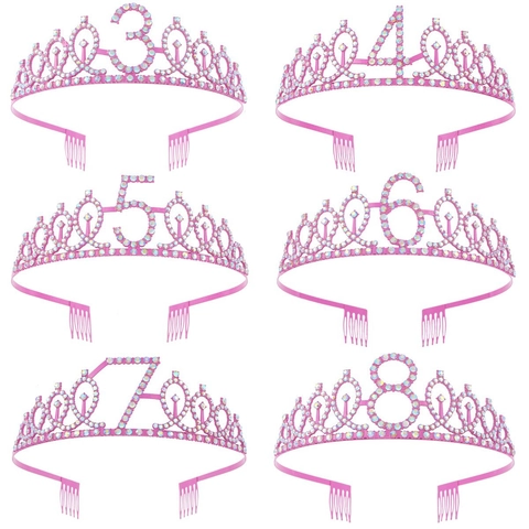 Rosa Geburtstags Krone Tiara Für Mädchen Strass Nummer Drei Bis Zehn Haarband Prinzessin Party Haarschmuck Geschenke