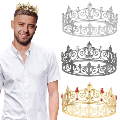 Couronne de Roi Vintage pour Hommes Alliage de Zinc Strass Couronne Royale Style Rétro Européen Anniversaire Mariage Fête Bijoux