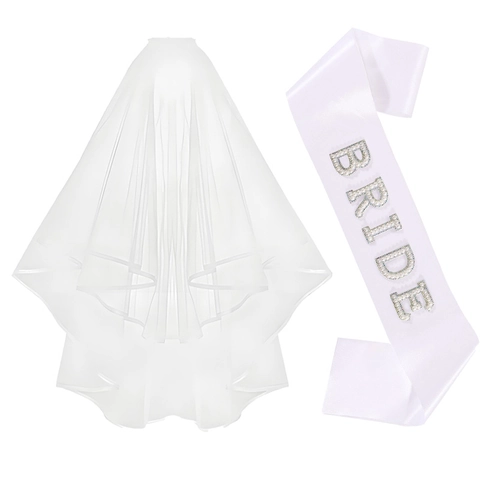 Fascia da Sposa in Raso Bianco E Velo a Doppio Strato Con Lettere Bride in Strass E Künstliche Perle per Addio al Nubilato Matrimonio