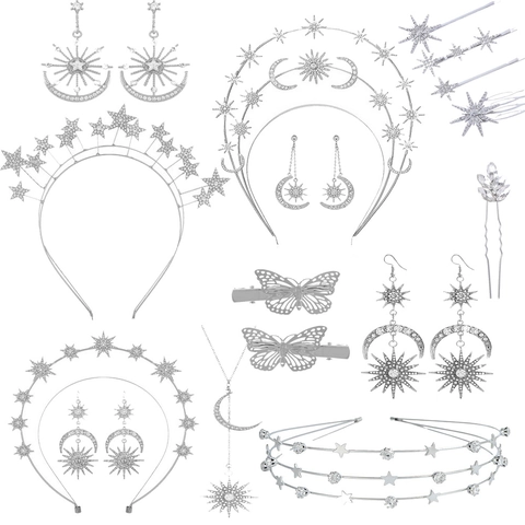 Accessoires Bijoux Femme Baroque Alliage Strass Étoile Lune Serre Tête Boucles d'Oreilles Collier Bohème Mariage Fête