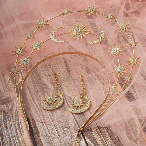Céleste Déesse Halo Couronne Bandeau Étoile Lune Alliage Strass Baroque Diadème Et Boucles d'Oreilles Pour Mariage Femme