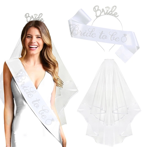 Accessoires Bride To Be Écharpe Tiara Voile pour Enterrement de Vie de Jeune Fille Mariage Serre-tête Alliage Strass Satin Voile Écharpe