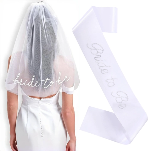 Set Écharpe Et Voile Bride To Be Blanc Avec Strass Accessoires Décoration Enterrement Vie Jeune Fille Mariage Femme