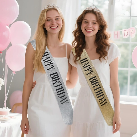Happy Birthday Party Set Zinc Alloy Rhinestone Tiara Crown And Glitter Fabric Sash For Women Birthday Celebration Decoration