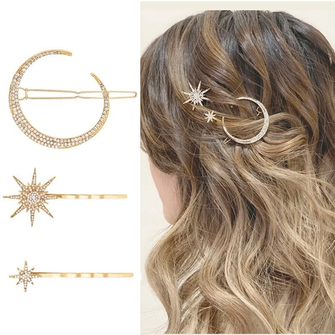 Barock Gold Stern Mond Haarreif Ohrring Set Luxuriöse Strass Himmlische Haar Accessoires Für Hochzeit Party Damen Schmuck
