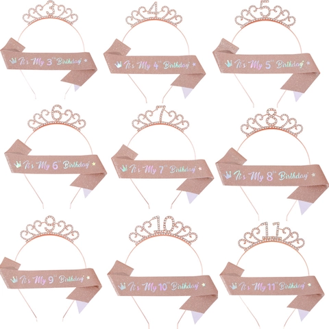 Tiara Et Écharpe Rose Gold Fille Anniversaire Couronne Alliage Strass Âge 3-11 Pour Décoration De Fête D'Anniversaire Cadeau Fille