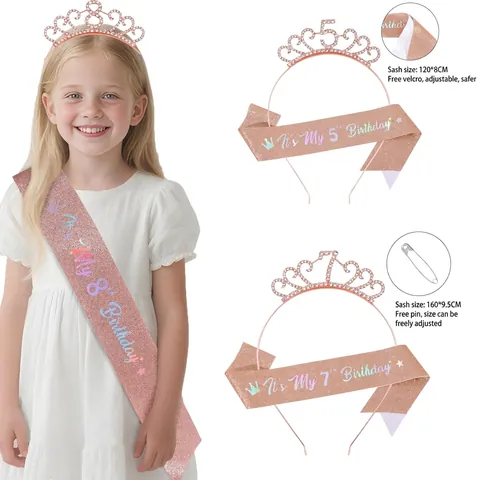 Tiara Et Écharpe Rose Gold Fille Anniversaire Couronne Alliage Strass Âge 3-11 Pour Décoration De Fête D'Anniversaire Cadeau Fille