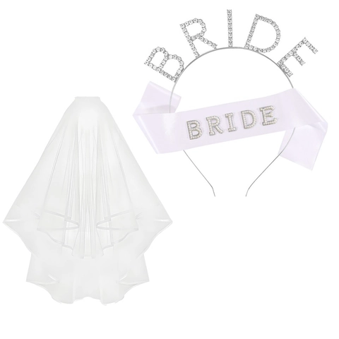 Ensemble Mariée Pour Enterrement De Vie De Jeune Fille Avec Écharpe En Satin Blanc Serre-Tête Diadème Strass Voile