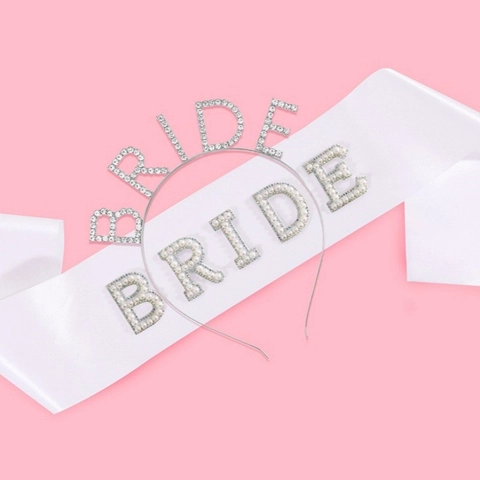 Ensemble Mariée Pour Enterrement De Vie De Jeune Fille Avec Écharpe En Satin Blanc Serre-Tête Diadème Strass Voile