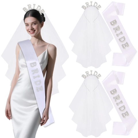 Élégant Voile Blanc de Mariée avec Serre-tête de Künstliche Perles Strass et Écharpe en Satin pour Enterrement de Vie de Jeune Fille