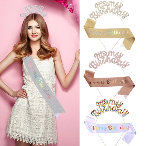 Set d'Accessoires de Fête It's My Birthday pour Femmes Filles Serre-tête en Métal avec Strass et Écharpe Pailletée Décorations
