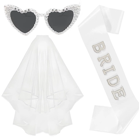 Bride To Be Hochzeitsfeier Set Weiß Satin Schultergurt Strass Künstliche Perle Schleier Herz Sonnenbrille Braut Junggesellinnenabschied Zubehör Für Damen