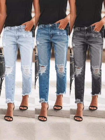 Damen Casual Zerrissene Gerade Jeans Distressed Ausgefranster Saum Gewaschene Denim Streetwear Hose Mode Hohe Taille Denim Pants