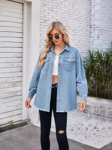 Veste en Jean Femme Vintage Lavée Bleu Clair Chemise Ample Manches Longues Boutonnée Top Avec Ourlet Brut Et Poches Mode