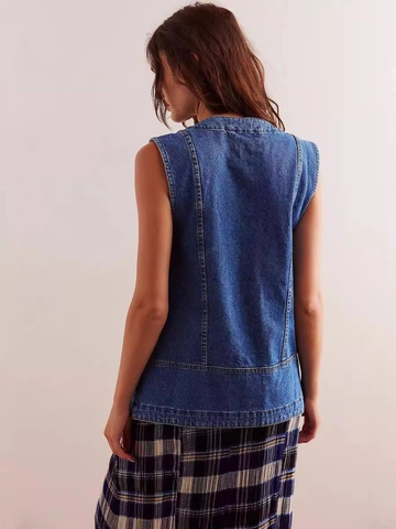 Casual V Neck Denim Vest Sleeveless Button Down Jean Waistcoat With Pockets Retro Washed Distressed Women Outerwear Top