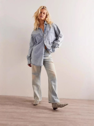 Damen Oversize Baumwolle Denim Hemd Vintage Gewaschen Langarm Knopfleiste Bluse Casual Locker Jackenhemd Top Damen
