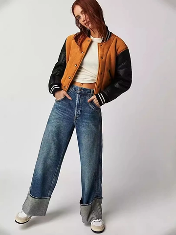Damen Amerikanische Retro Hohe Taille Weite Gerade Jeans Gewaschene Denim Hose Mit Übergroßen Aufschlägen Lässige Hose