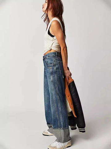 Damen Amerikanische Retro Hohe Taille Weite Gerade Jeans Gewaschene Denim Hose Mit Übergroßen Aufschlägen Lässige Hose
