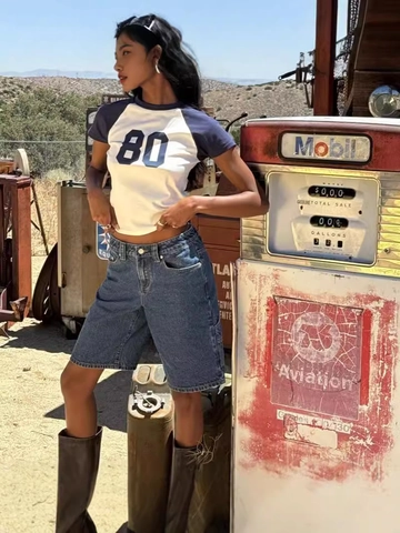Retro Star Embroidered Denim Shorts High Waist Straight Wide Leg Bermuda Jorts Casual Streetwear Deep Blue Jean Shorts