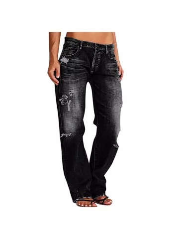 Damen Distressed Ripped Straight Leg Jeans Mittlere Taille Gewaschen Denim Lange Hose Streetwear Casual