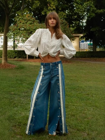 Women Retro Contrast Side Stripe Wide Leg Jeans Button Split High Waist Blue Denim Patchwork Streetwear Fashion Pants