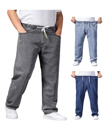 Men's Casual Plus Size Loose Wide Leg Jeans Elastic Drawstring Waist Straight Denim Pants Solid Color Comfortable Daily Trousers