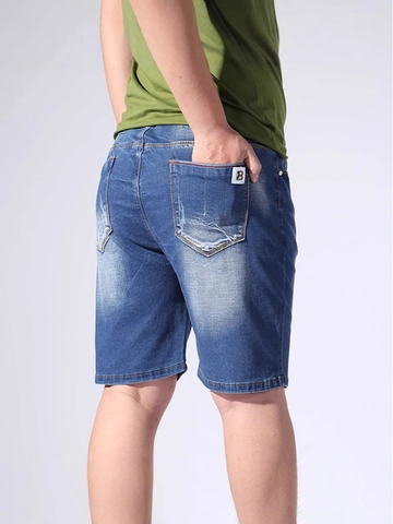 Shorts de Mezclilla de Talla Grande para Hombre Cintura Elástica con Cordón Alta Elasticidad Lavado Azul de Cinco Puntos Casual