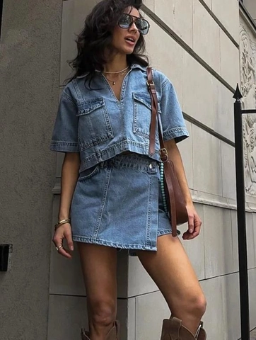 Conjunto de Dos Piezas de Mezclilla para Mujer Cargo Manga Corta Cuello en V Crop Top Y Minifalda Asimétrica de Cintura Alta