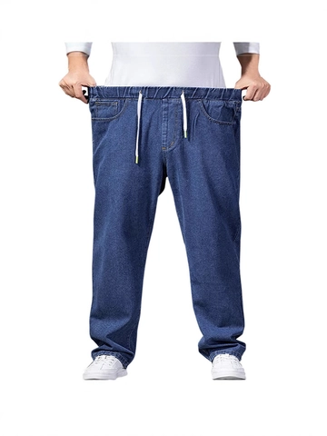 Men's Casual Plus Size Loose Wide Leg Jeans Elastic Drawstring Waist Straight Denim Pants Solid Color Comfortable Daily Trousers