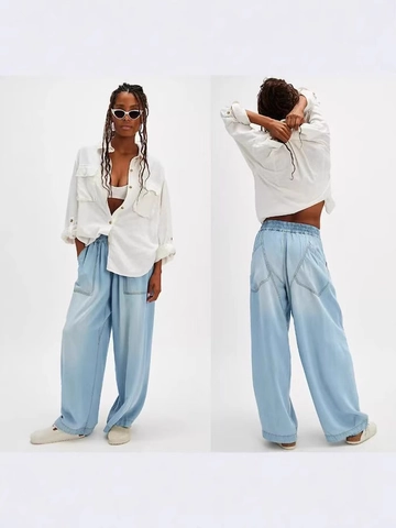 Damen Casual Weites Bein Jeans Leichtes Gewaschenes Denim Elastische Hohe Taille Gerade Lockere Hosen Hellblau Lange Hosen