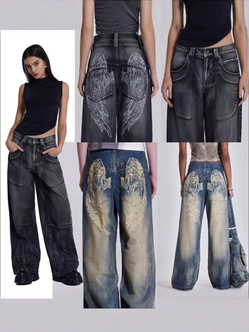 Jeans da Donna con Stampa Ali d'Angelo a Gamba Larga Pantaloni in Denim Invecchiati con Strass e Rivetti Streetwear