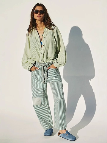 Women Casual Cotton Vertical Striped Wide Leg Pants Drawstring Patchwork Utility Cargo Trousers Loose Fit Daily Bottoms