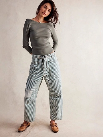 Women Casual Cotton Vertical Striped Wide Leg Pants Drawstring Patchwork Utility Cargo Trousers Loose Fit Daily Bottoms