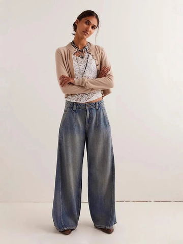 Vaqueros de Pata Ancha con Lavado Vintage para Mujer Cintura Alta Desgastados Rectos Baggy Denim Pantalones Streetwear