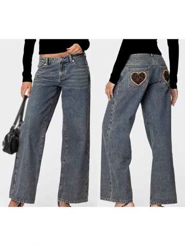 Women Vintage Blue Straight Wide Leg Jeans Leopard Print Heart Patch Low Waist Denim Pants Y2K Casual Streetwear Fashion