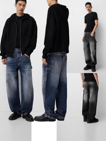 Pantalones Vaqueros Cargo de Pierna Ancha para Hombre Corte Holgado Vintage Lavado Denim Multibolsillos Retro Ropa de Trabajo Diario