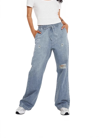 Women's Casual High Waisted Ripped Denim Jeans Elastic Drawstring Waist Loose Wide Leg Straight Washed Distressed Trousers