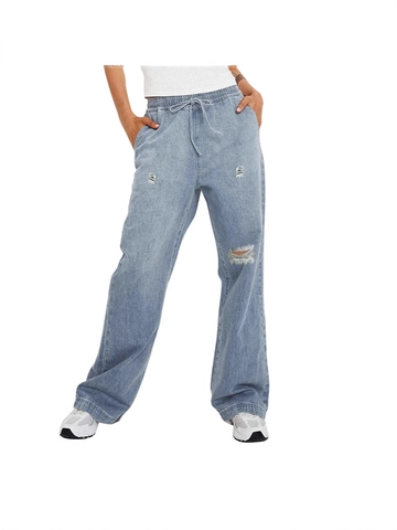 Women's Casual High Waisted Ripped Denim Jeans Elastic Drawstring Waist Loose Wide Leg Straight Washed Distressed Trousers