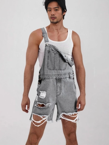 Men Denim Overall Shorts Distressed Ripped Dungarees Adjustable Straps Frayed Hem Vintage Streetwear Summer Fashion