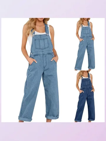 Salopette en Denim pour Femmes Décontracté Ample Jumpsuit Jambe Large Pantalon en Denim Plus Size Jumpsuits Bretelles Réglables Jeans Romper Long