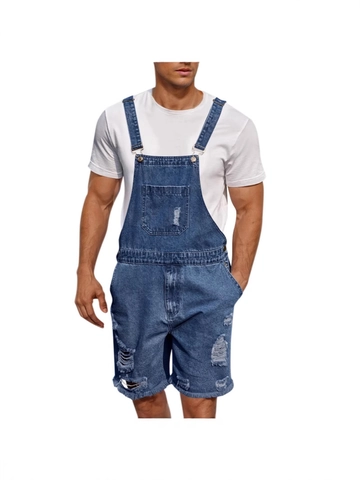 Men's Distressed Denim Overall Shorts Plus Size Ripped Bib Overalls With Adjustable Straps Washed Denim Shorts Streetwear Bib Pants